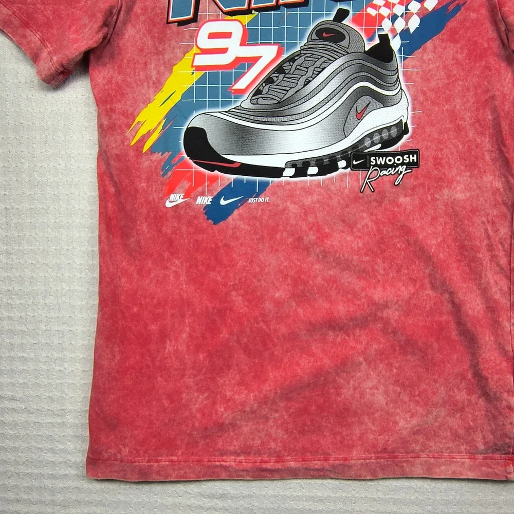 Nike Mens Air Max 97 Swoosh Racing Graphic‎ T-Shirt Red Acid Wash Small Nascar